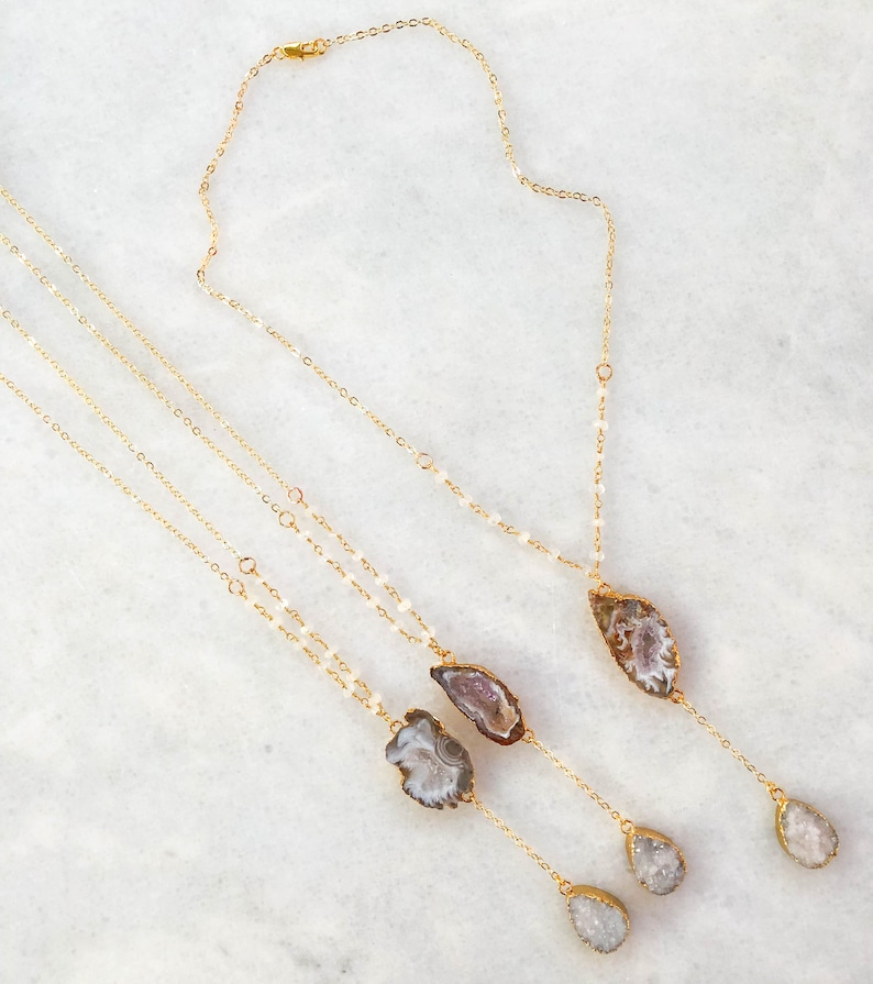 gemstone necklace Moonstone and Druzy Lariat dainty necklace valentines gift delicate jewelry | galentine
