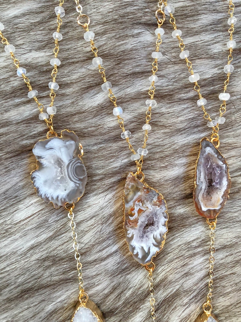 gemstone necklace Moonstone and Druzy Lariat dainty necklace valentines gift delicate jewelry | galentine