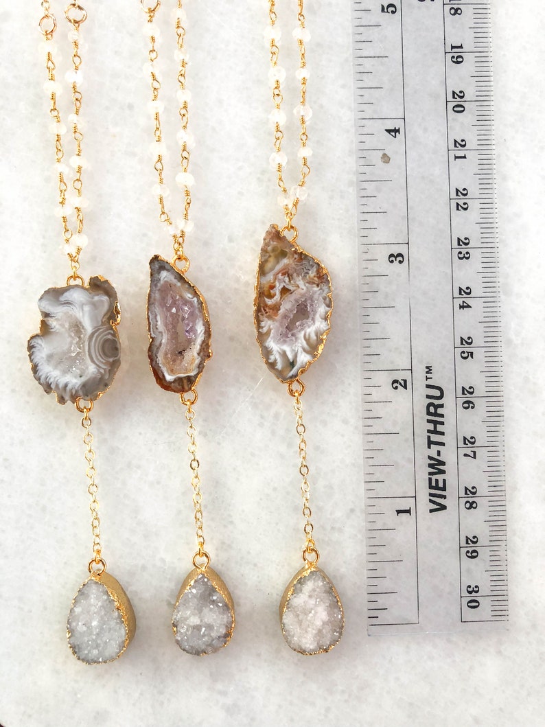 gemstone necklace Moonstone and Druzy Lariat dainty necklace valentines gift delicate jewelry | galentine