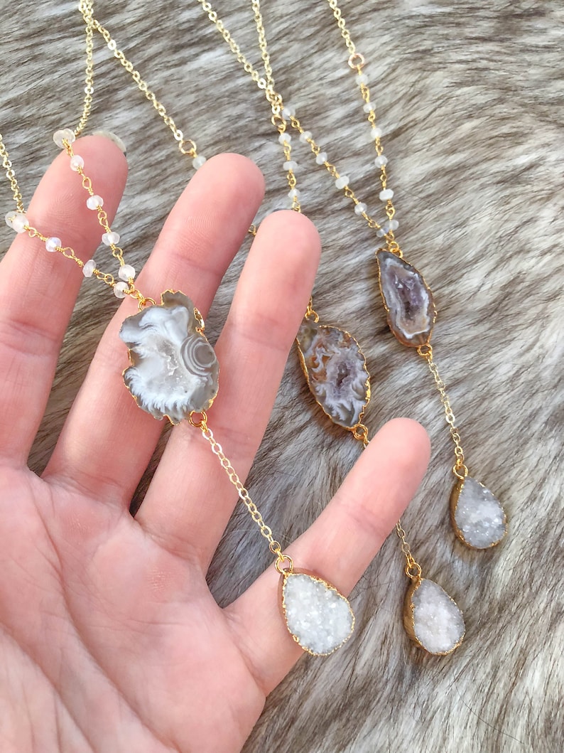 gemstone necklace Moonstone and Druzy Lariat dainty necklace valentines gift delicate jewelry | galentine