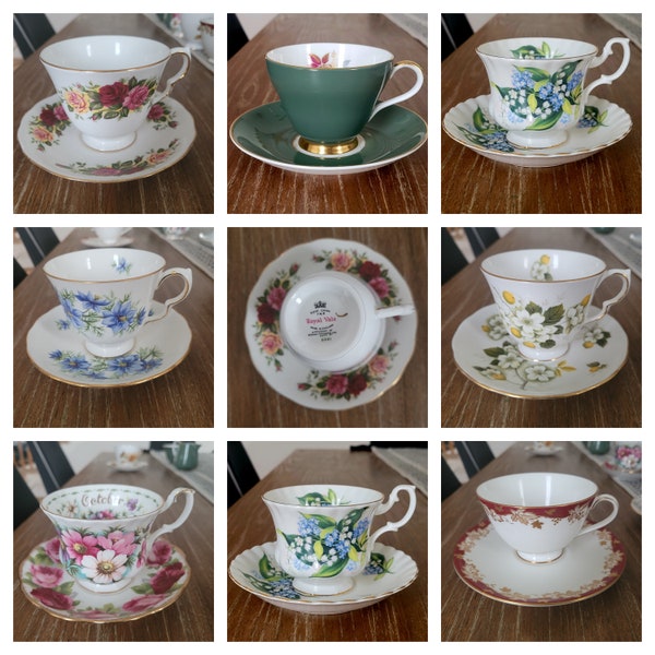 Lot of Teacups & Saucer Sets, Listing is for 1, 4 or 6 sets. All vintage Made in England Various Colors, Makes and Patterns