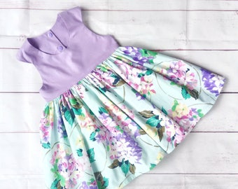 Girls dress, Girls tea party dress, girls floral dress, Spring Fling Girls Dress, purple, floral, aqua, spring dress, summer dress