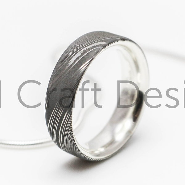 Damascus ring with Sterling silver sleeve, Stainless Damascus & silver wedding ring