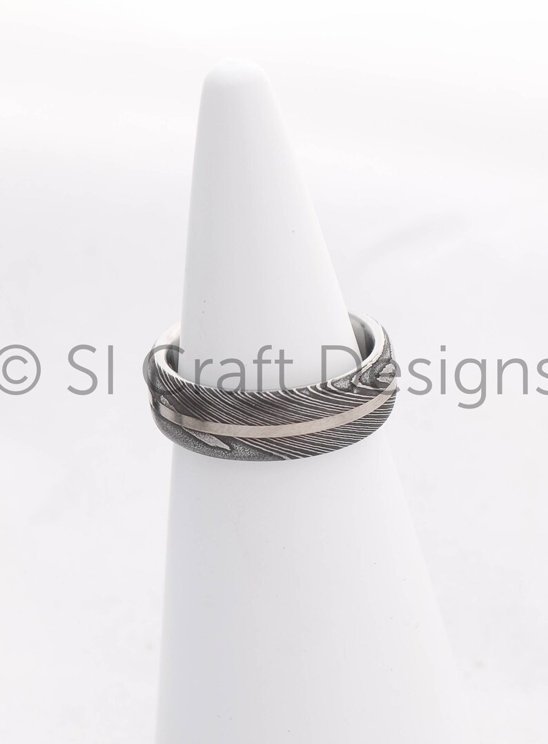Stainless Damascus Steel Ring with SMO Gold, Stainless Steel Damascus Band & 18 carat White Gold, handmade in Scotland, UK. Ethical image 1