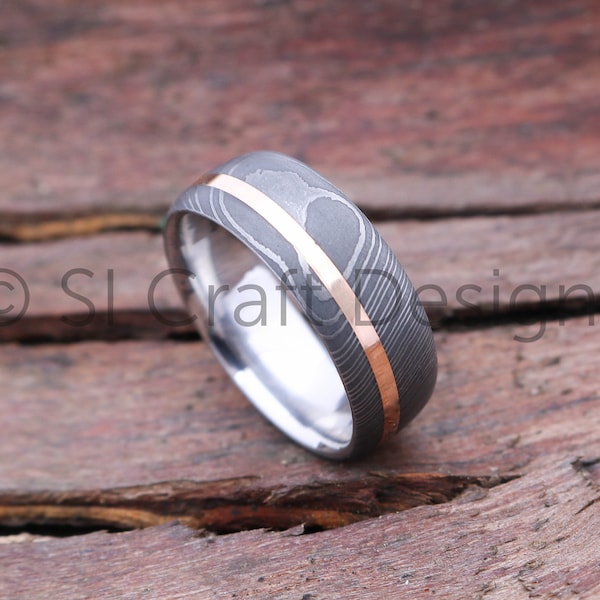 Stainless Damascus Steel Ring & SMO Gold, 18 carat Rose Gold, Off Centre, Wedding Band, handcrafted in Scotland, UK, ethical