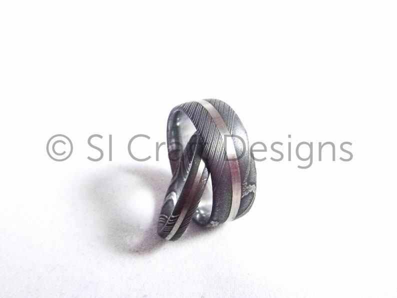 Stainless Damascus Steel Ring with SMO Gold, Stainless Steel Damascus Band & 18 carat White Gold, handmade in Scotland, UK. Ethical image 4