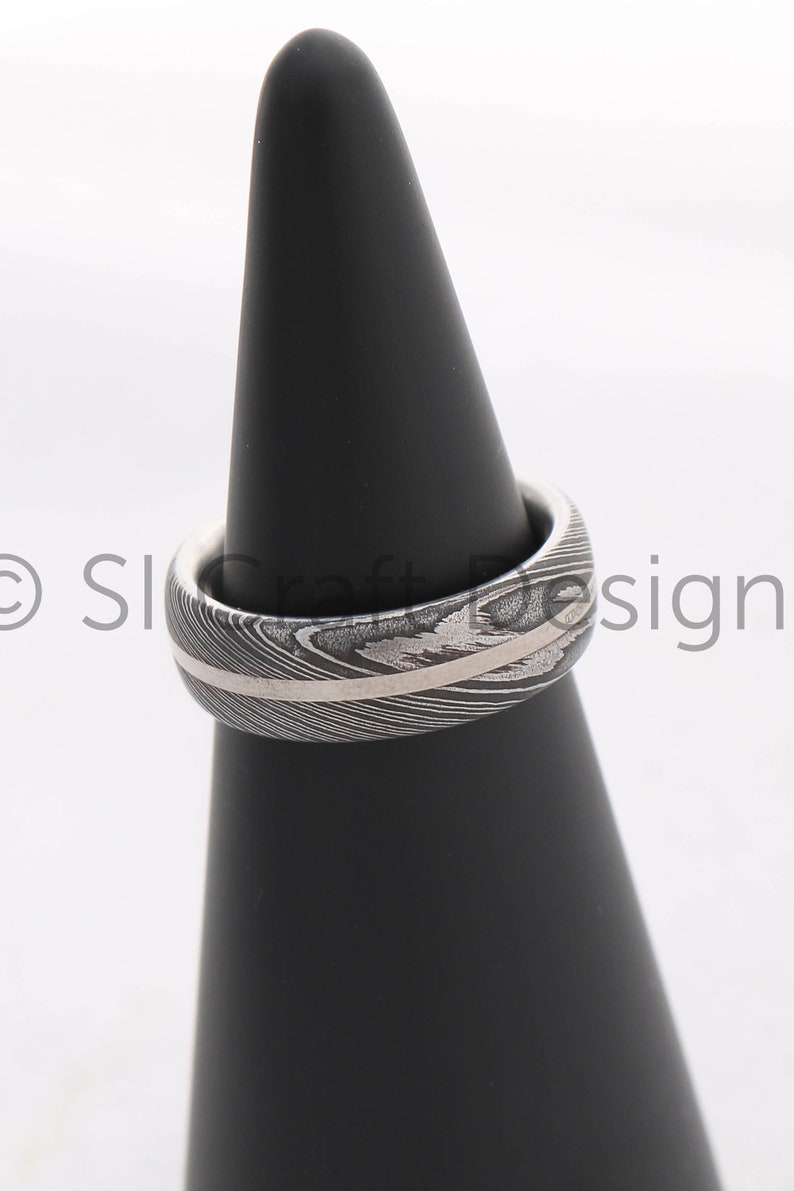 Stainless Damascus Steel Ring with SMO Gold, Stainless Steel Damascus Band & 18 carat White Gold, handmade in Scotland, UK. Ethical image 2