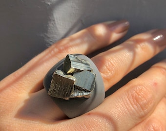 Gray Pyrite Ring Modern Stylish Bold Raw Stone Everyday Nature Rough Stone Ring Healing Crystal Chunky Jewelry - Ready to Ship