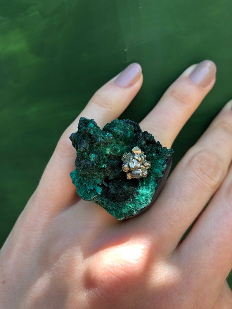 Ready to Ship Natural Raw Deep Green Malachite Ring Large Rough Malachite Crystal Concrete Jewelry Cocktail Modern Contemporary Ring