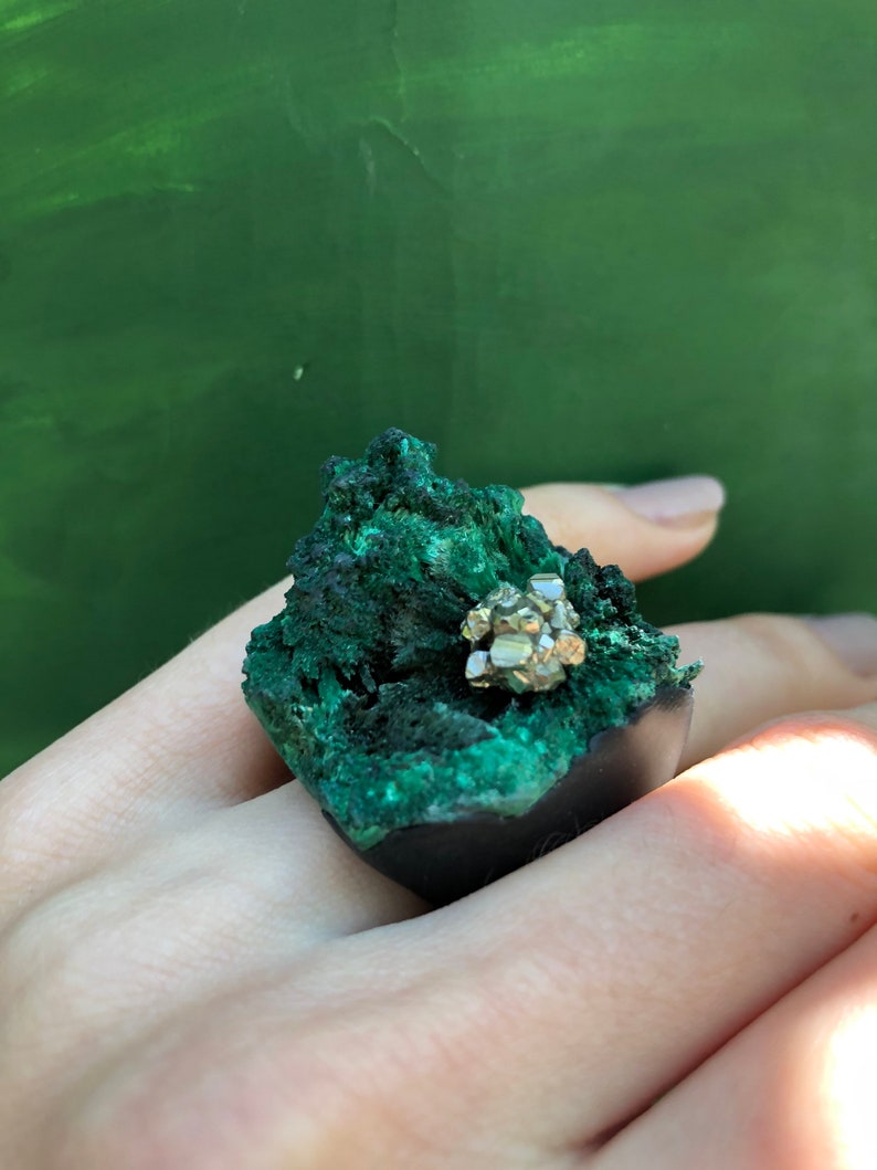 Ready to Ship Natural Raw Deep Green Malachite Ring Large Rough Malachite Crystal Concrete Jewelry Cocktail Modern Contemporary Ring