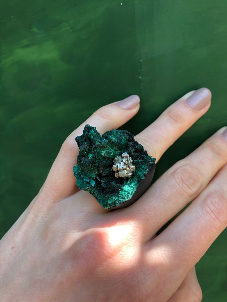 Ready to Ship Natural Raw Deep Green Malachite Ring Large Rough Malachite Crystal Concrete Jewelry Cocktail Modern Contemporary Ring