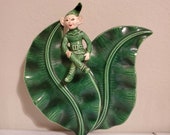 Vintage 1950s Retro Pixe Elf Sprite Green Planter - Tropical Banana Leaf - Wall Pocket Vase - 8 quot