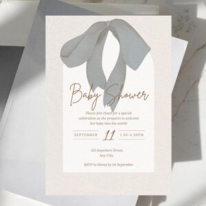 Plantilla de invitación para baby shower con moño, imprimible, editable ...