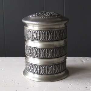 HAUGRUD Norway Pewter Tobacco Box, Jewelry Box, Decorated Pewter Box with Wooden Casing, Vintage Traditional Norwegian Metal Design