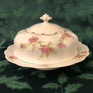 Vintage MZ Austria Victorian Haube Kuppel Butterdeller mit Einsatz Braut Rose Rosa Floral