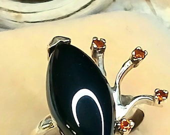 Anillo de cóctel de ónix negro y citrino madera, talla 7.5