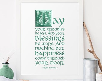 Teal Decor, May Your Troubles Be Less, Irish Blessing, Teal Foil Decor, Teal Foil Font Print, Inspirational Print, Teal Watercolor Decor
