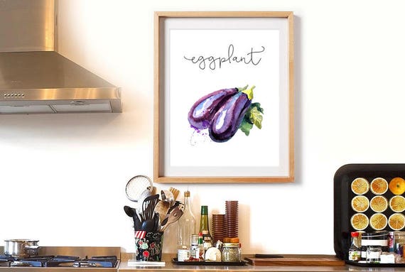 kitchen decor eggplant cook printable food painting | etsy
