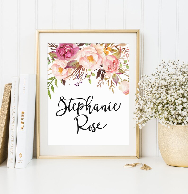 Baby Girl Name Print Stephanie Rose Floral Custom Name Etsy