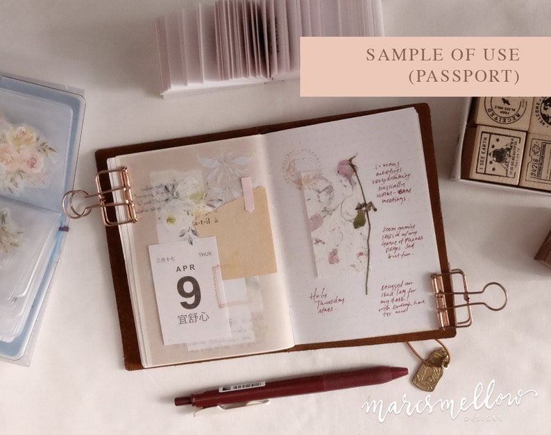 Spring Blossom pink insert/refill for traveler's notebook standard & passport junk journal floral, fibre, handmade, vellum handstitched image 8