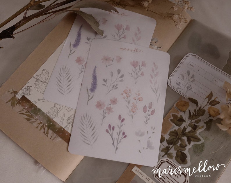Watercolor flowers sticker sheet in transparent image 2