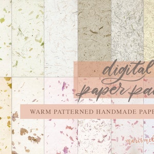 Pode incluir: Um pacote de papel digital com uma variedade de papéis artesanais em tons quentes. Os papéis têm diferentes texturas e incluem elementos embutidos como folhas e pétalas. O texto "digital paper pack" e "WARM PATTERNED HANDMADE PAPER" são visíveis.