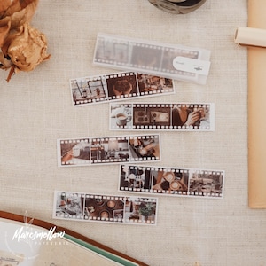 Efímeras en forma de tira de película de café para diarios, bullet journal y scrapbooking en papel adhesivo transparente