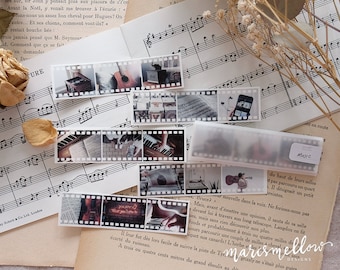 Music film strip ephemera for journaling, bullet journal and scrapbooking on transparent sticker paper