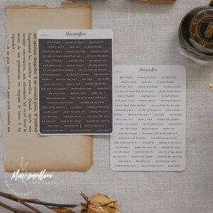 Hoja de pegatinas con frases celestiales de galaxia (para diario, agenda o bullet journal) con colores neutros: blanco, caramelo, café, negro