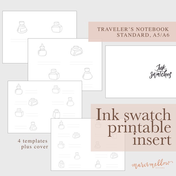 Ink swatch printable insert for traveler's notebook standard, A5 and A6, 8 page templates & spreads for all swatching needs