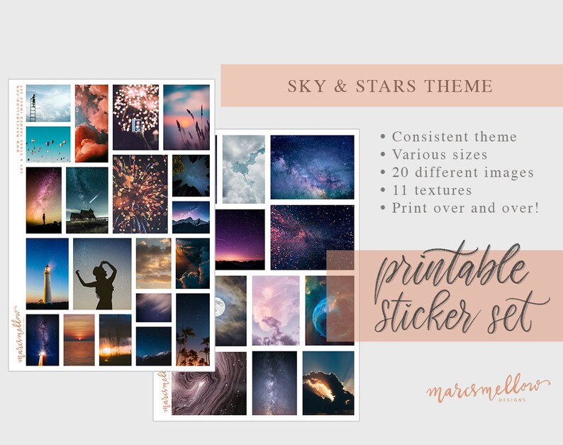 Celestial Sky & Stars themed Journal Printable Image Stickers for Bullet Journal, Traveller Notebook, Planners, junk journal image 1