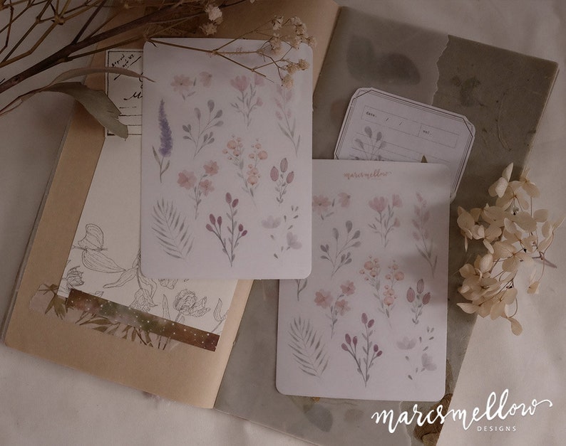 Watercolor flowers sticker sheet in transparent image 1