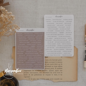 Hoja de pegatinas con frases de amor propio (para diario, agenda o bullet journal) con colores neutros: blanco, caramelo, café