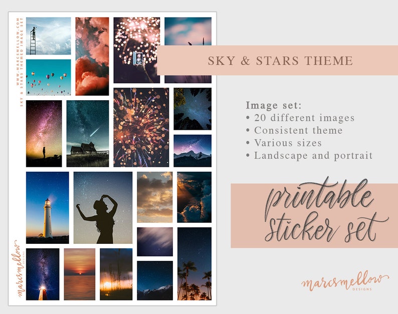 Celestial Sky & Stars themed Journal Printable Image Stickers for Bullet Journal, Traveller Notebook, Planners, junk journal image 2