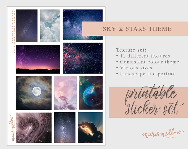Celestial Sky & Stars themed Journal Printable Image Stickers for Bullet Journal, Traveller Notebook, Planners, junk journal image 3