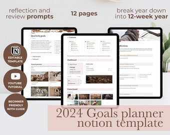 2024 Goals planner 12-week year notion template, goals notion dashboard, habit tracker, cottagecore aesthetic notion template