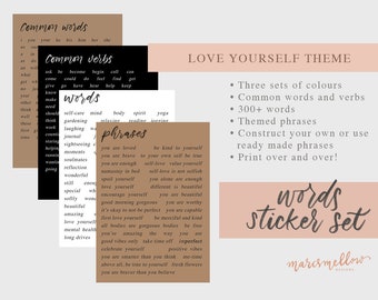 Love yourself themed - Words digital sticker pack, Journal Printable Word Stickers for Bullet Journal, Traveler Notebook, Planners