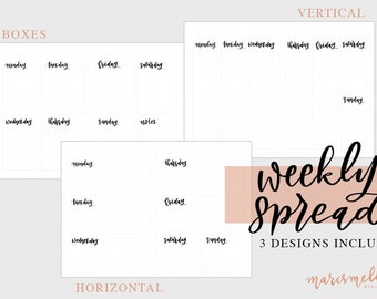 SET OF 3: Bullet Journal Weekly Spread Printable Template - BUJO Printable Planner A4 minimalistic monochromatic calligraphy script