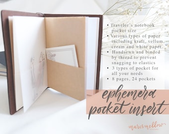 24 pockets insert for traveler's notebook passport, to contain all your ephemeras and small papers, handmade and handstitched