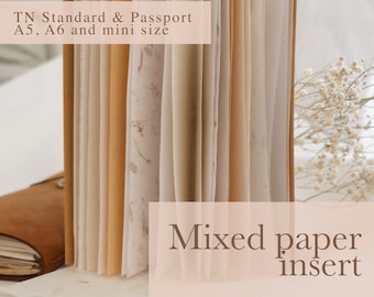 Soft mixed handmade junk journal insert for traveler's notebook standard, passport, a5, a6; handstitched with various papers