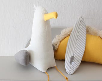 Seagull with surf, Coastal decor, Surf kids decor, Soft sculpture, Seagull Mine, Navy decor, Nautical decoration, Möve, DECORNERHOME