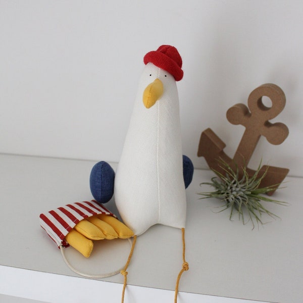 Mouette avec frites, Mouette Pepe, Mouette avec chapeau, jouet de collection, décoration d'oiseau de mer, jouet mouette, Möve, DECORNERHOME