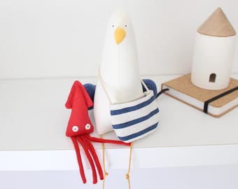 Seagull with bag and squid, Collectible toy, Seagull Mine, Seagull Toy, Stuffed Animal, Sea Bird, Soft Toy,  Möve, DECORNERHOME