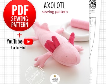 Axolotl Sewing Pattern – Soft Toy Axolotl Easy PDF Tutorial with Photos, A4 & Letter format, Video tutorial, English
