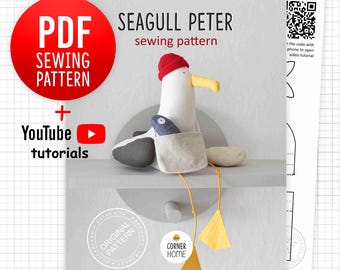 Seagull Peter Sewing Pattern – Soft Toy Gull Sardine Hat, Easy PDF Tutorial with Photos, A4 & Letter format, Video tutorial, English