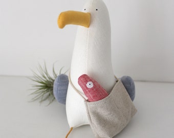 Seagull with bag and sardine, Collectible toy, Seagull Mine, Seagull Toy, Stuffed Animal, Sea Bird, Soft Toy,  Möve, DECORNERHOME