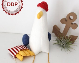 Seagull Pepe with French Fries Coastal wall art Gift Seagull with hat