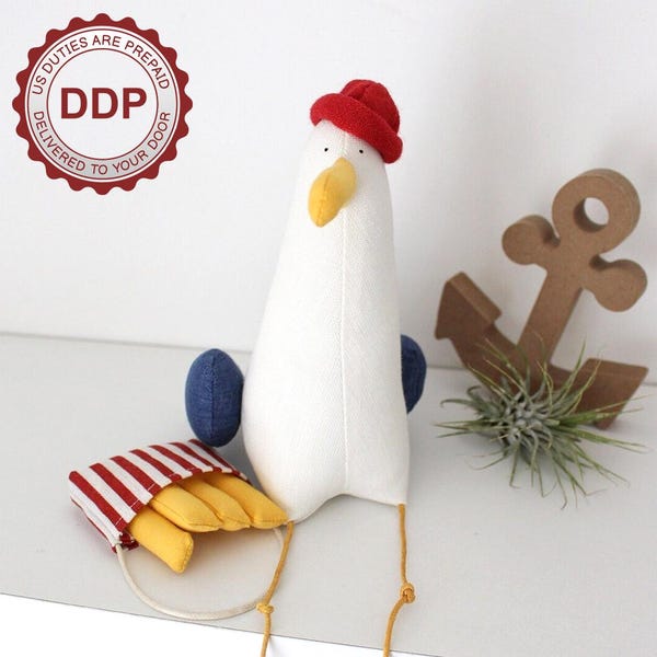 Seagull Pepe with French Fries Coastal wall art Gift Seagull with hat