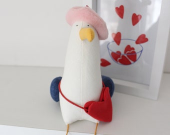 Seagull with heart bag and beret, Engagement gift, Valentine gifts for him or her, Collectible toy, Nautical decor, Möve