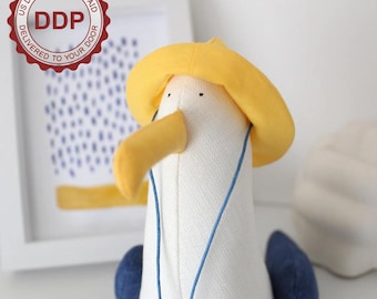 Seagull Yellow Rain Hat soft sculpture, Coastal wall art decor, Seagull Mine, Sea Bird, Möve